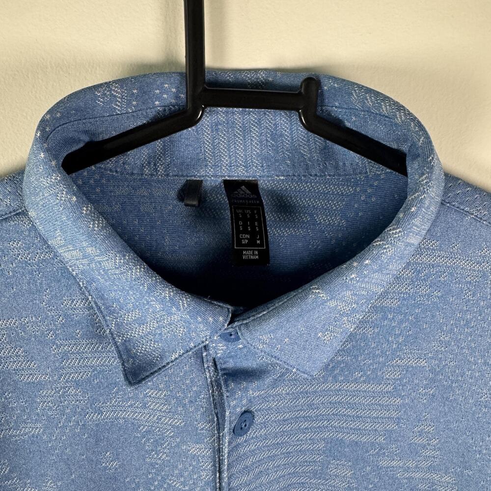 Adidas Polo Shirt Mens Medium Blue Geometric Knit Stretch Performance Golf - Picture 2 of 7
